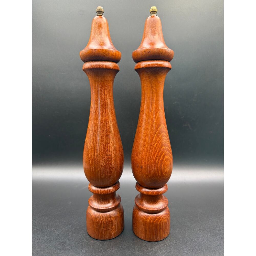 Vintage MCM Danish Modern Wood Salt & Pepper Grinder Mill Set 12" Tall